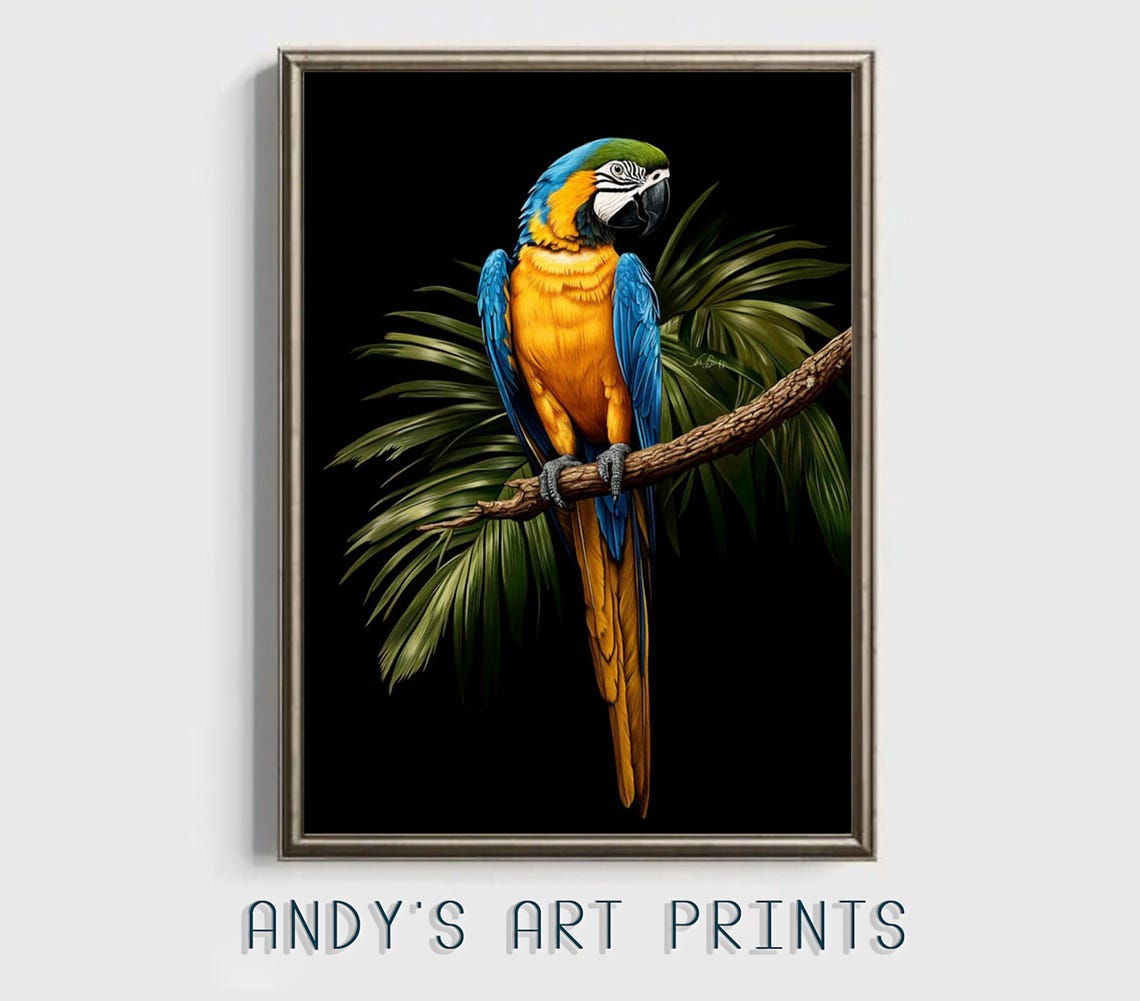 Blue And Yellow Macaw Parrot On Branch Black Background Poster - Image 2