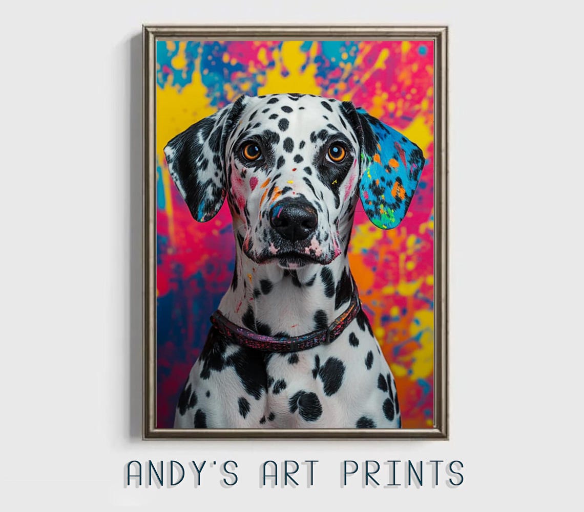 Dalmatian Portrait With Neon Pop Art Splatter Background Art Print - Image 3