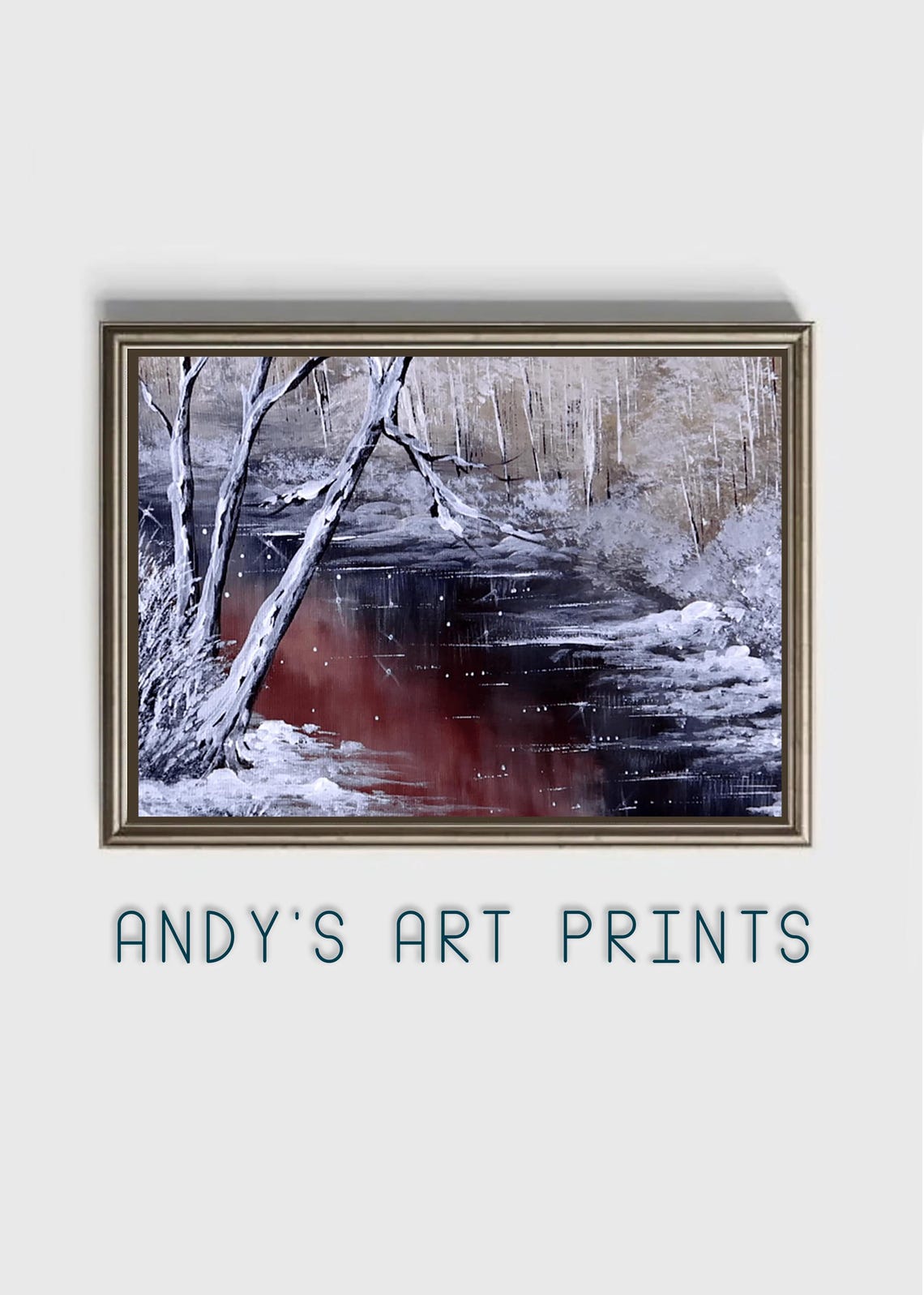 Snowy Winter River Landscape Dark Red Water Reflection Poster - Image 3