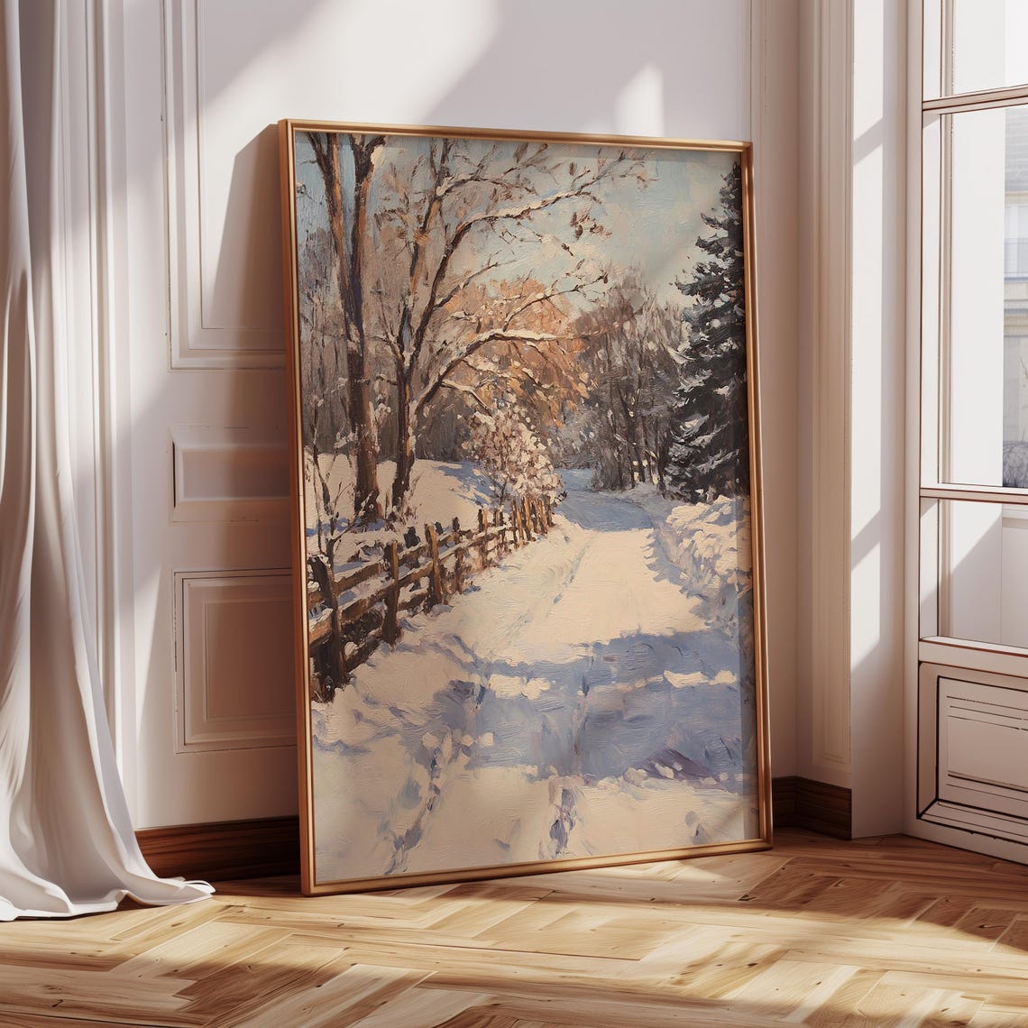 Winter Forest Path With a Wooden Fence in Fresh Snow Scene Poster