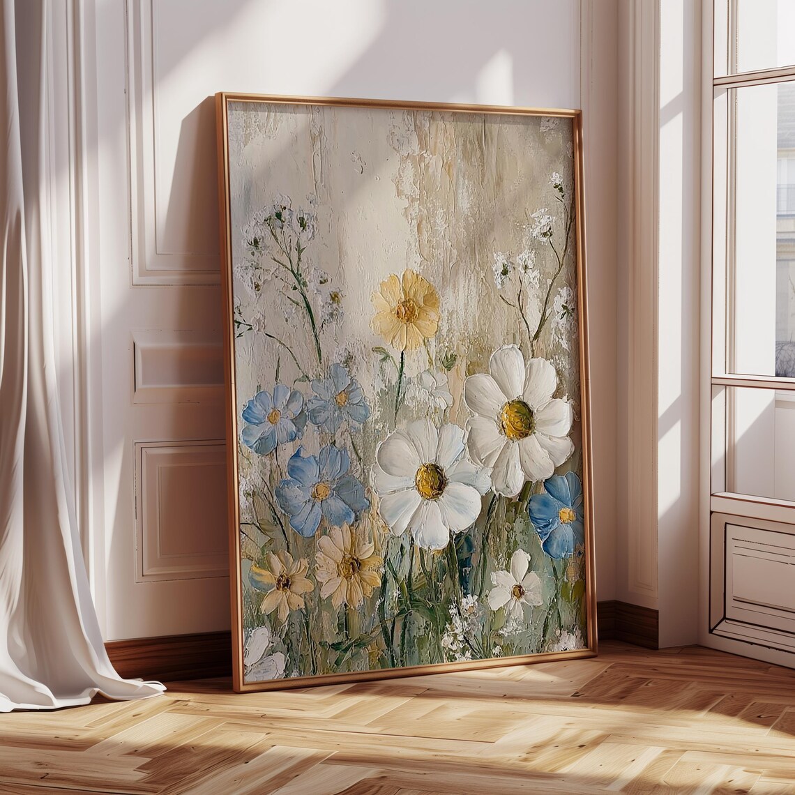 Soft Pastel Wildflowers In White Blue And Yellow Impasto Style Poster