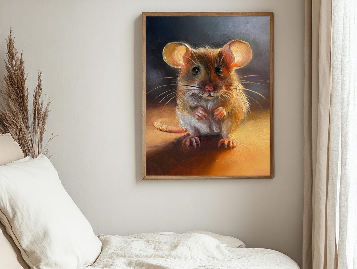 Sweet Curious Mouse With Big Ears In Warm Golden Painterly Poster - Image 3