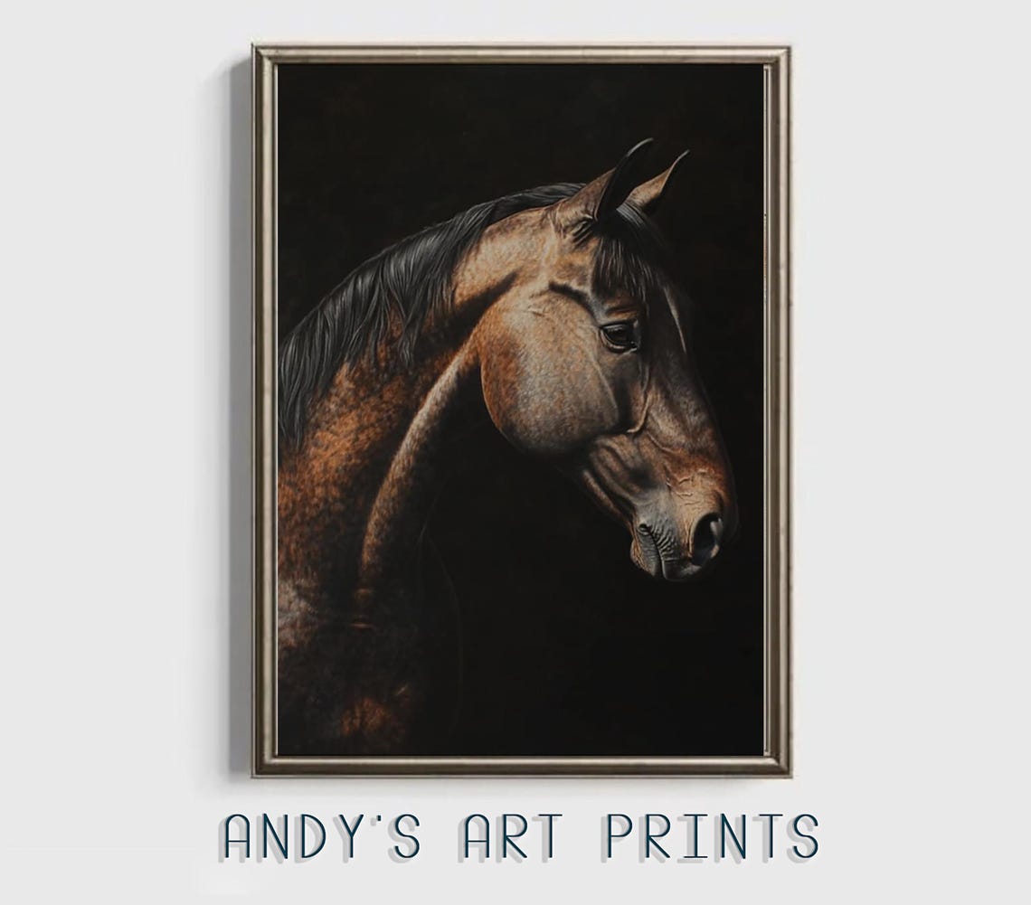 Horse Oil Painting Wall Art Print Animals Horse Lover Print At Home Wall Art Close Up Horse Portrait Drawing Dark Tones