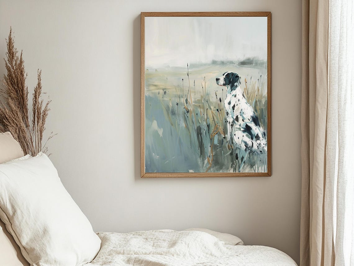 Spotted Pointer Dog Sitting In Misty Marsh Field Painting Poster - Image 2