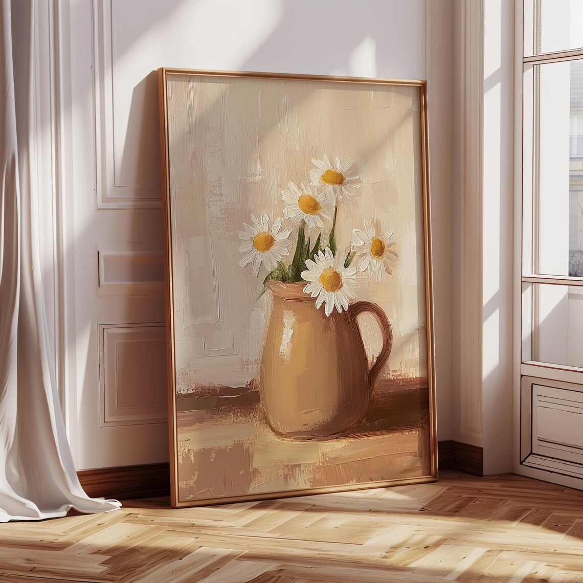 White Daisies in Brown Jug Warm Beige Floral Oil Painting Poster - Image 3