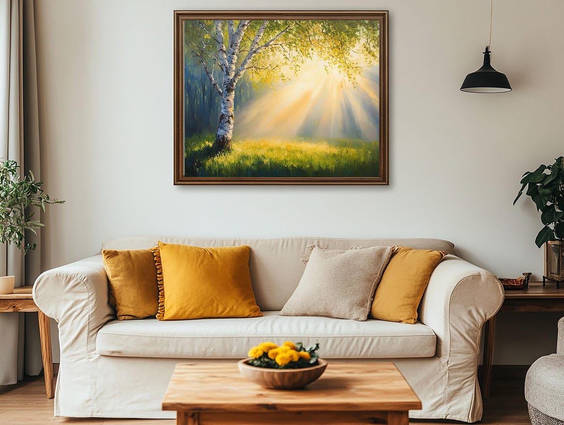 A Sunlit Birch Tree Standing in a Green Forest Meadow Art Poster - Image 2