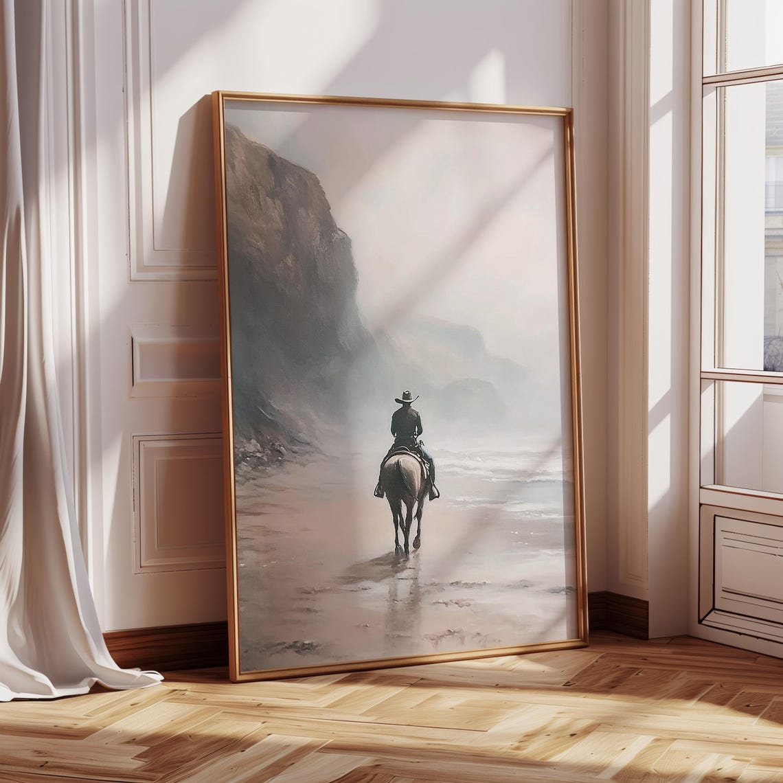 Solitary Cowboy Riding Horse Along A Misty Beach Beneath Cliffs Poster - Image 3