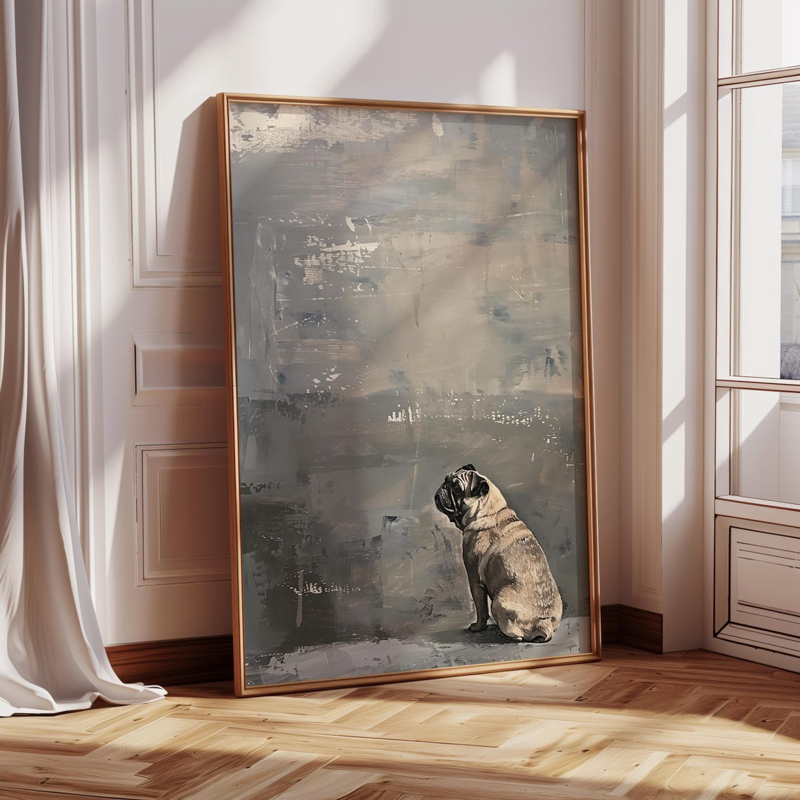 Lonely Little Pug Sitting Alone On A Vast Grey Abstract Canvas Poster