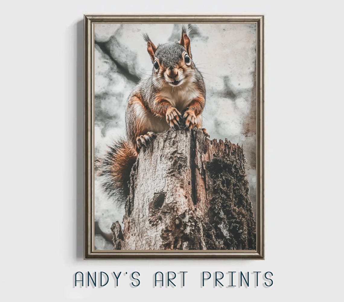A Curious Squirrel Sitting on a Tree Stump Nature Photo Poster - Image 3