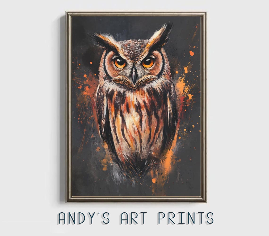 Fierce Great Horned Owl Portrait With Orange Splash Dark Art Poster - Image 3