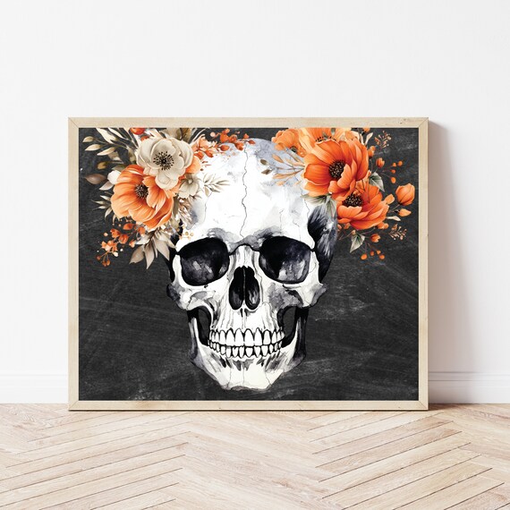 Floral Skull with Orange Flowers Dark Watercolor Halloween Poster