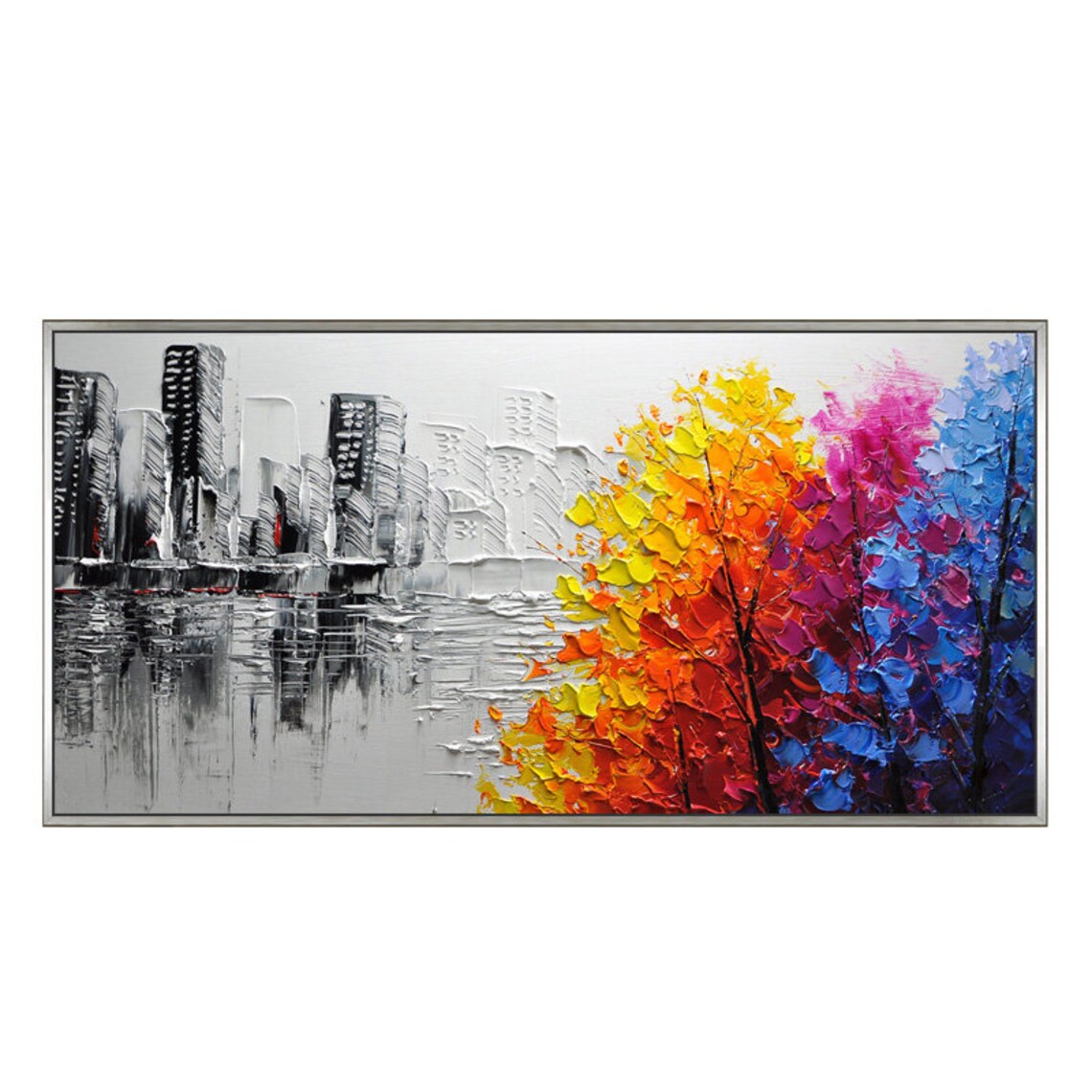 Abstract City Skyline With Colorful Autumn Trees Oil Paint Poster - Image 2