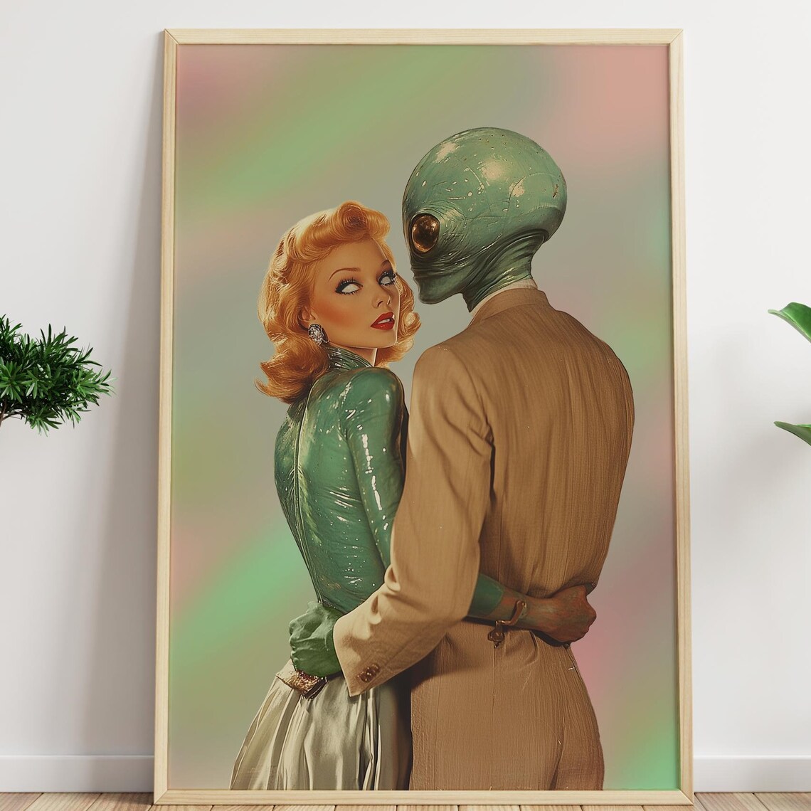 Retro Glamorous Woman Dancing with an Alien Sci-Fi Pop Art Poster