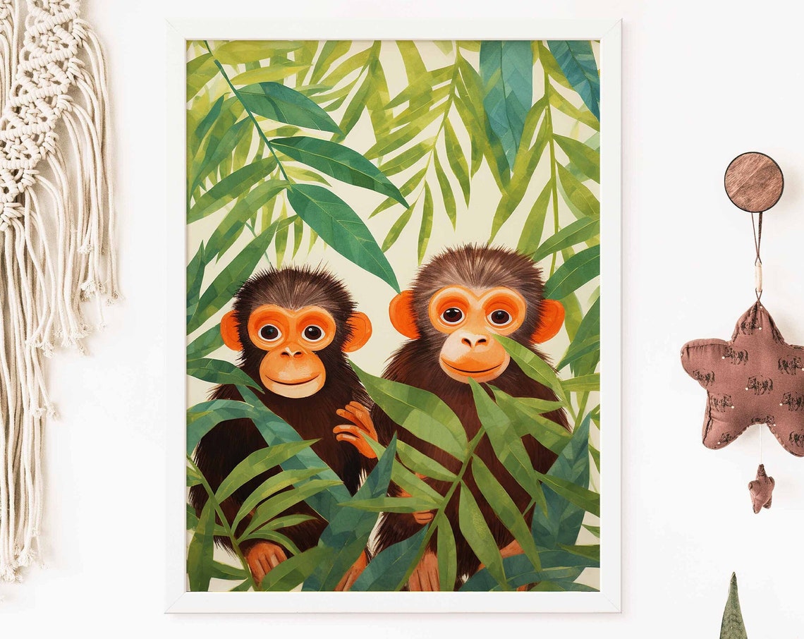 Two Curious Monkeys Peeking Through Palm Leaves Poster Nursery
