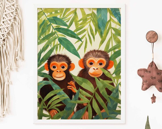 Two Curious Monkeys Peeking Through Palm Leaves Poster Nursery