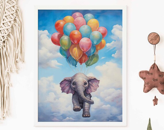 Sweet Baby Elephant Flying with Colorful Balloons Nursery Poster