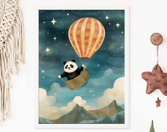 Panda in a Hot Air Balloon at Night Watercolor Nursery Poster