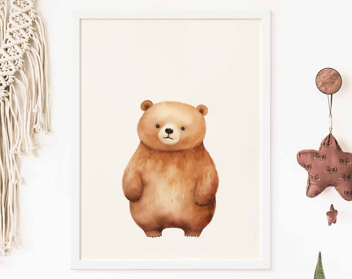 Smiling Watercolor Brown Bear Poster for a Cozy Neutral Nursery
