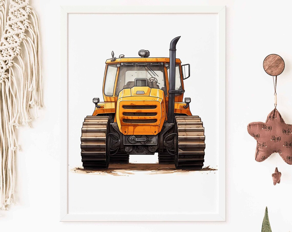 Orange Tracked Tractor Bulldozer Illustration Poster for Kids Room