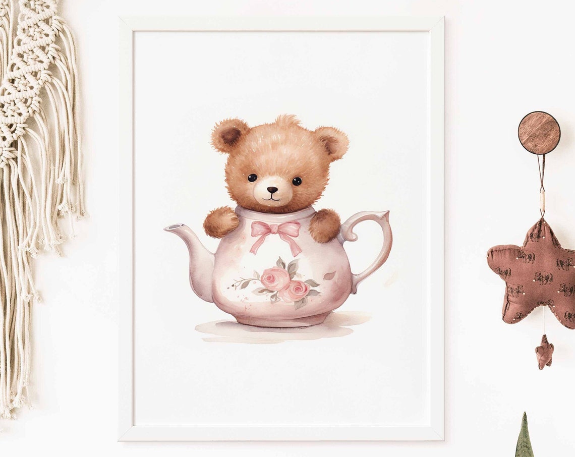 Teddy Bear Inside a Pink Floral Teapot Nursery Poster for Girls
