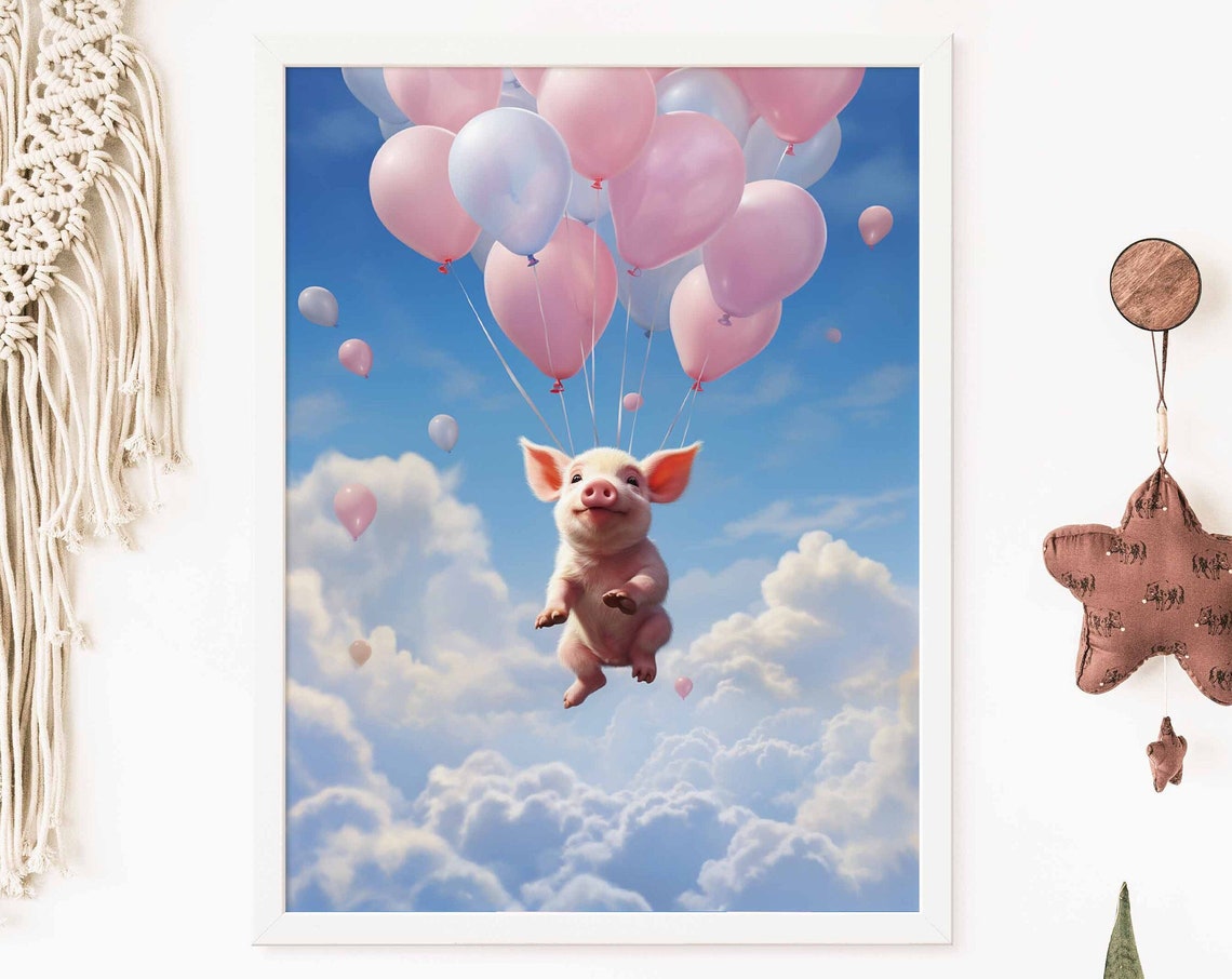 Smiling Little Piglet Flying with Pink Balloons Nursery Poster