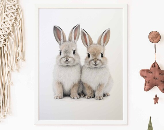 Two Cute Bunny Rabbits Watercolor Poster for Kids Nursery Decor