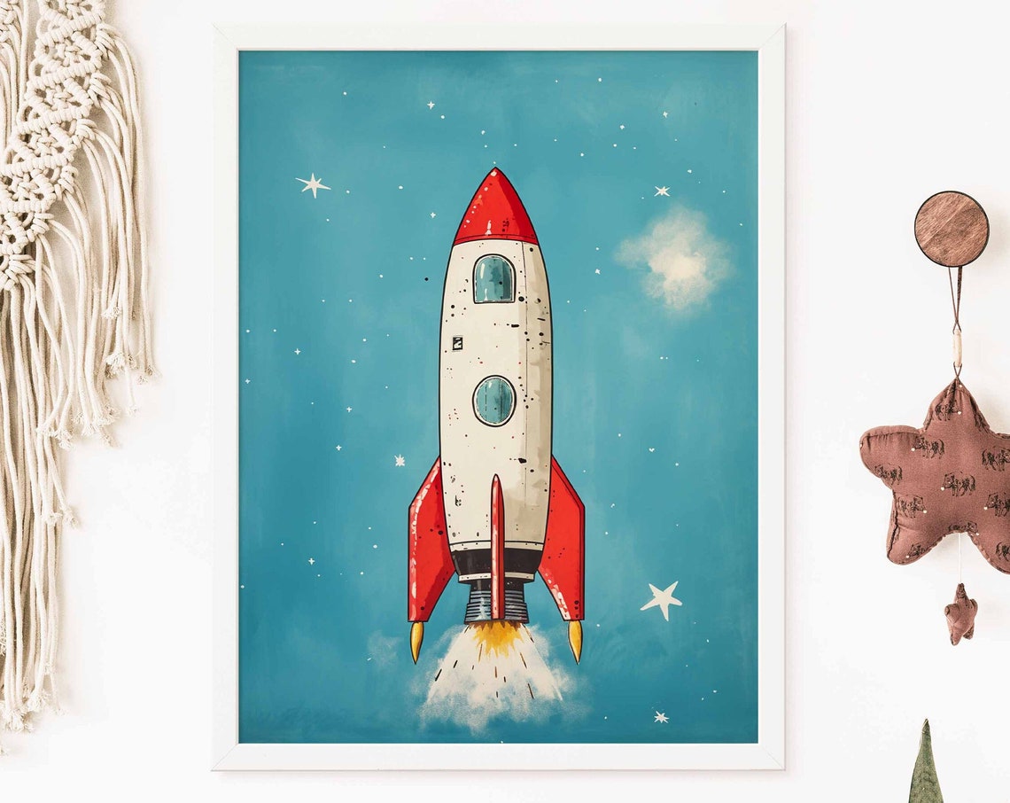 Red and White Rocket Ship Launching Poster on Teal Starry Sky