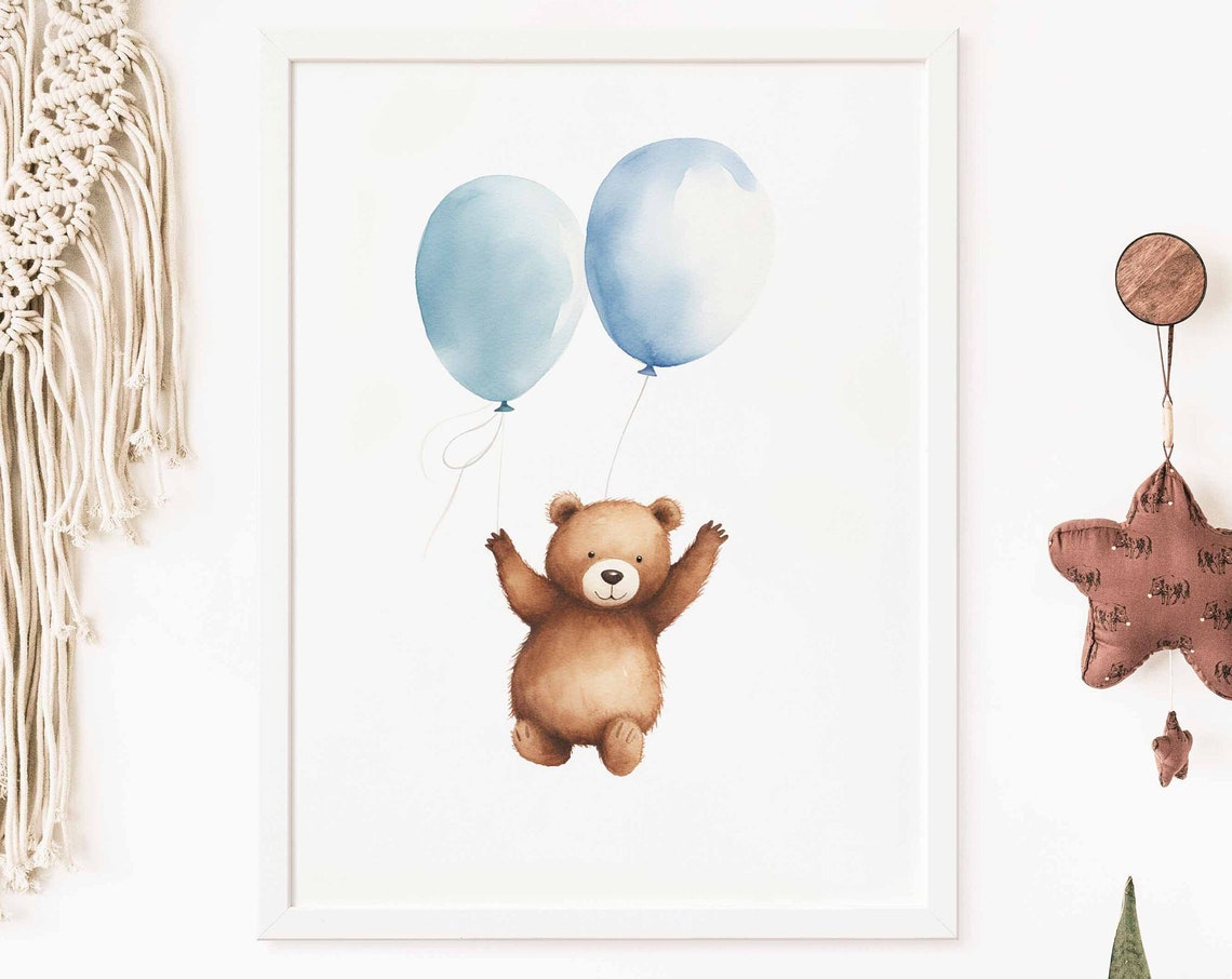 Cute Teddy Bear Floating with Two Blue Balloons Nursery Poster