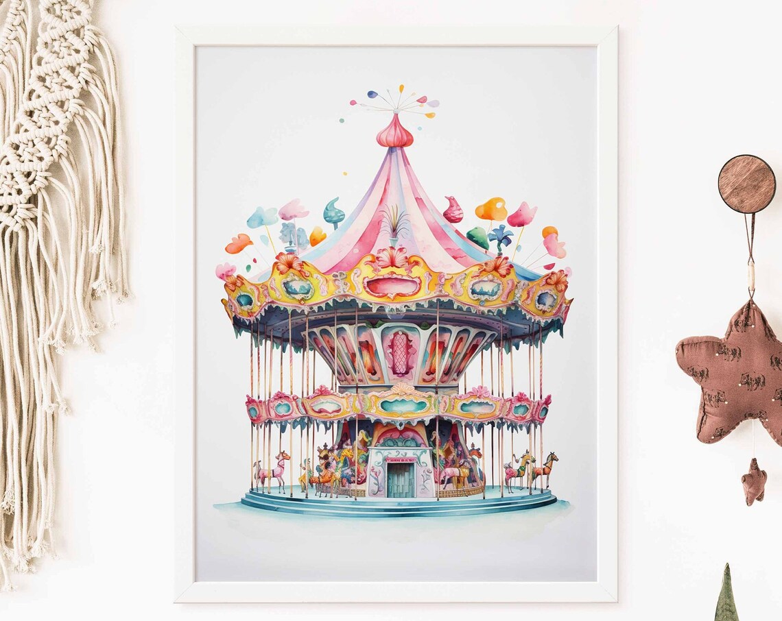 Pastel Pink Carousel Watercolor Poster for a Soft Girls Nursery