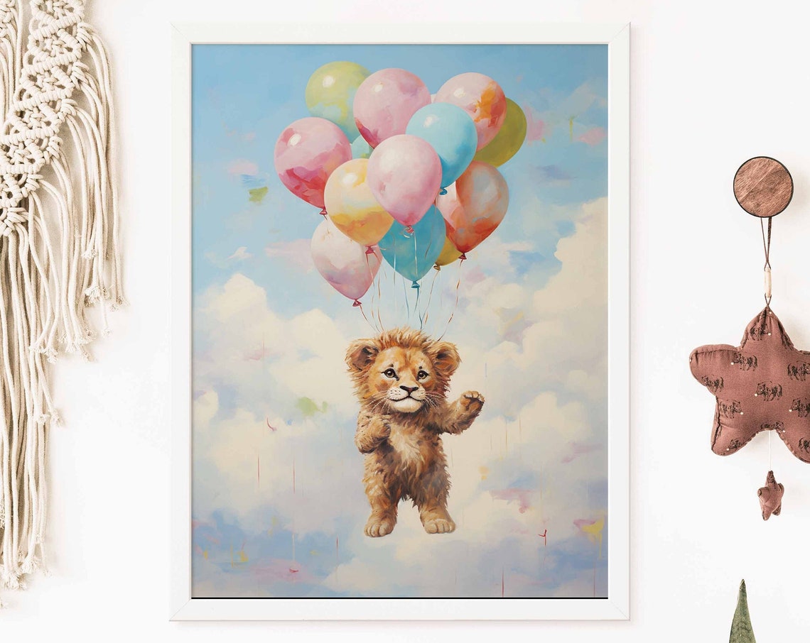 Lion Cub Floating with Pastel Balloons Safari Nursery Poster