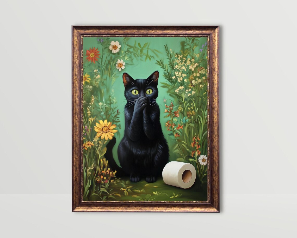 Shocked Black Cat With Toilet Paper Roll Funny Bathroom Poster