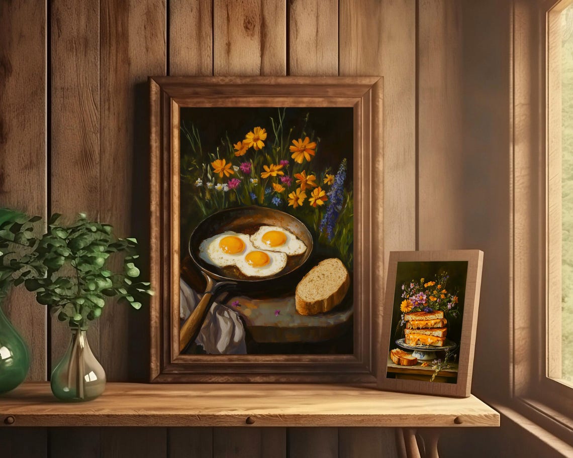 Fried Egg Whimsical Kitchen Wall Art Fun Breakfast Art Print Moody Eggs Sourdough Funny Still Life Painting Dark Food Prints - Image 2