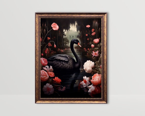 Black Swan Dark Academia Wall Art Victorian Gothic Decor Moody Floral Print Goth Cottagecore Art Vintage Bird Pond Painting