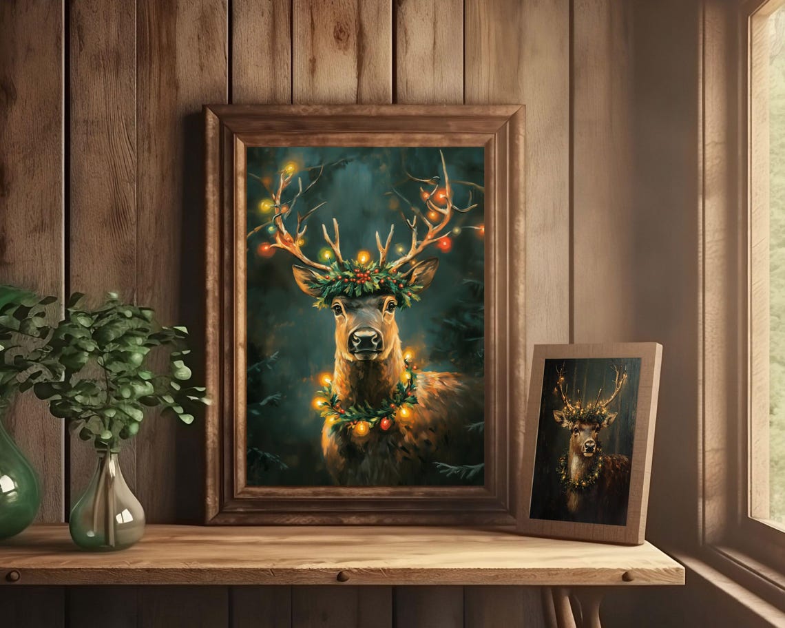 Reindeer Christmas Vintage Oil Painting Art Print - Image 3