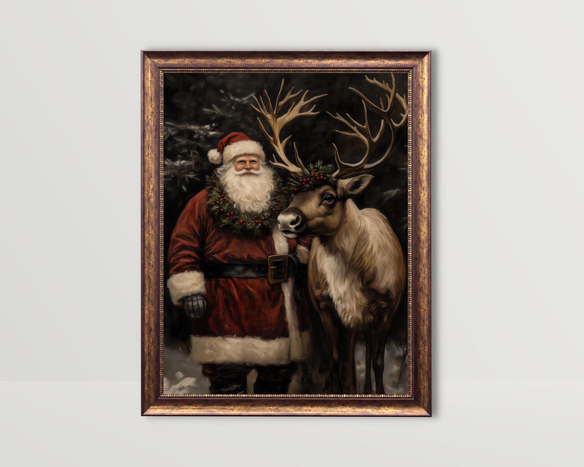 Vintage Santa Reindeer Christmas Wall Art Print