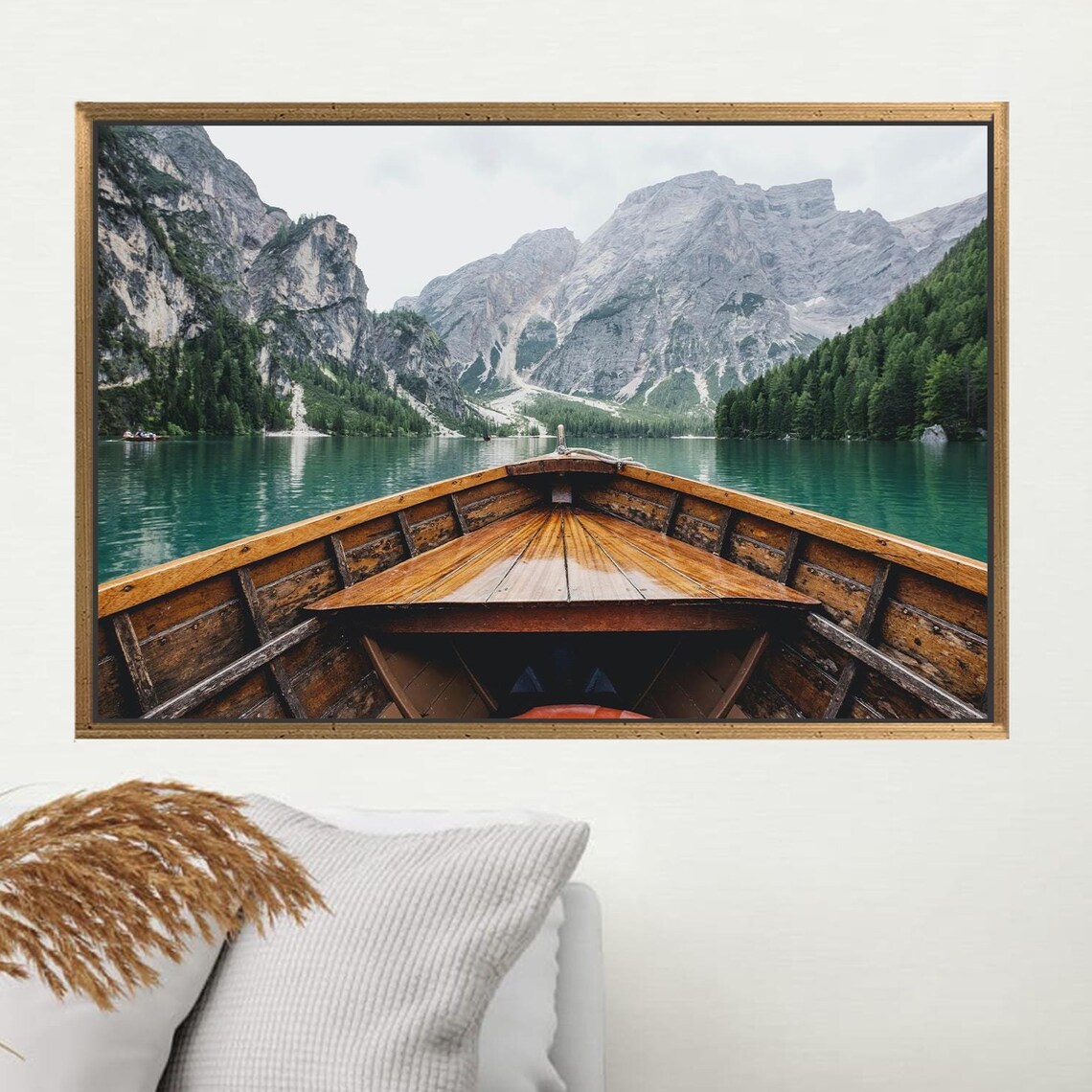 Wooden Boat Mountain Lake Emerald Water Scenic Nature Art Poster