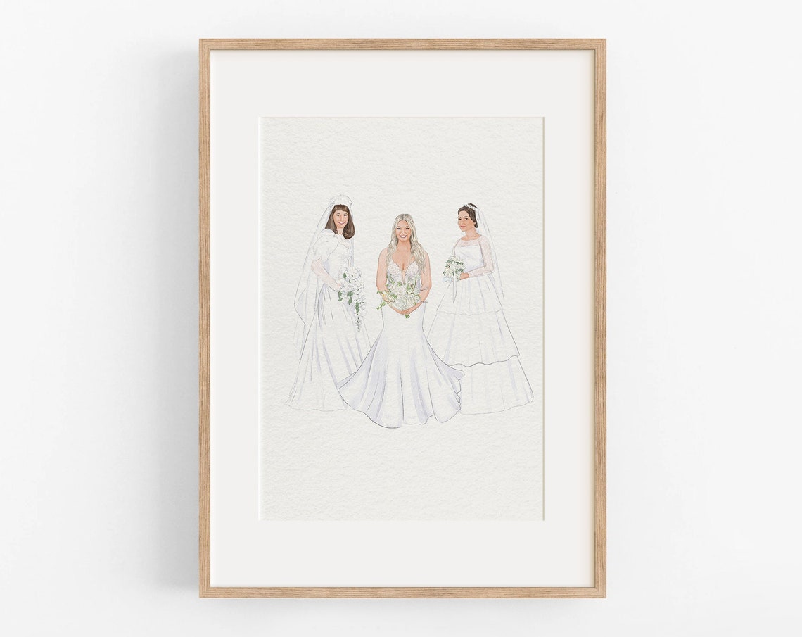Generational Three Brides Wedding Watercolor Portrait Poster