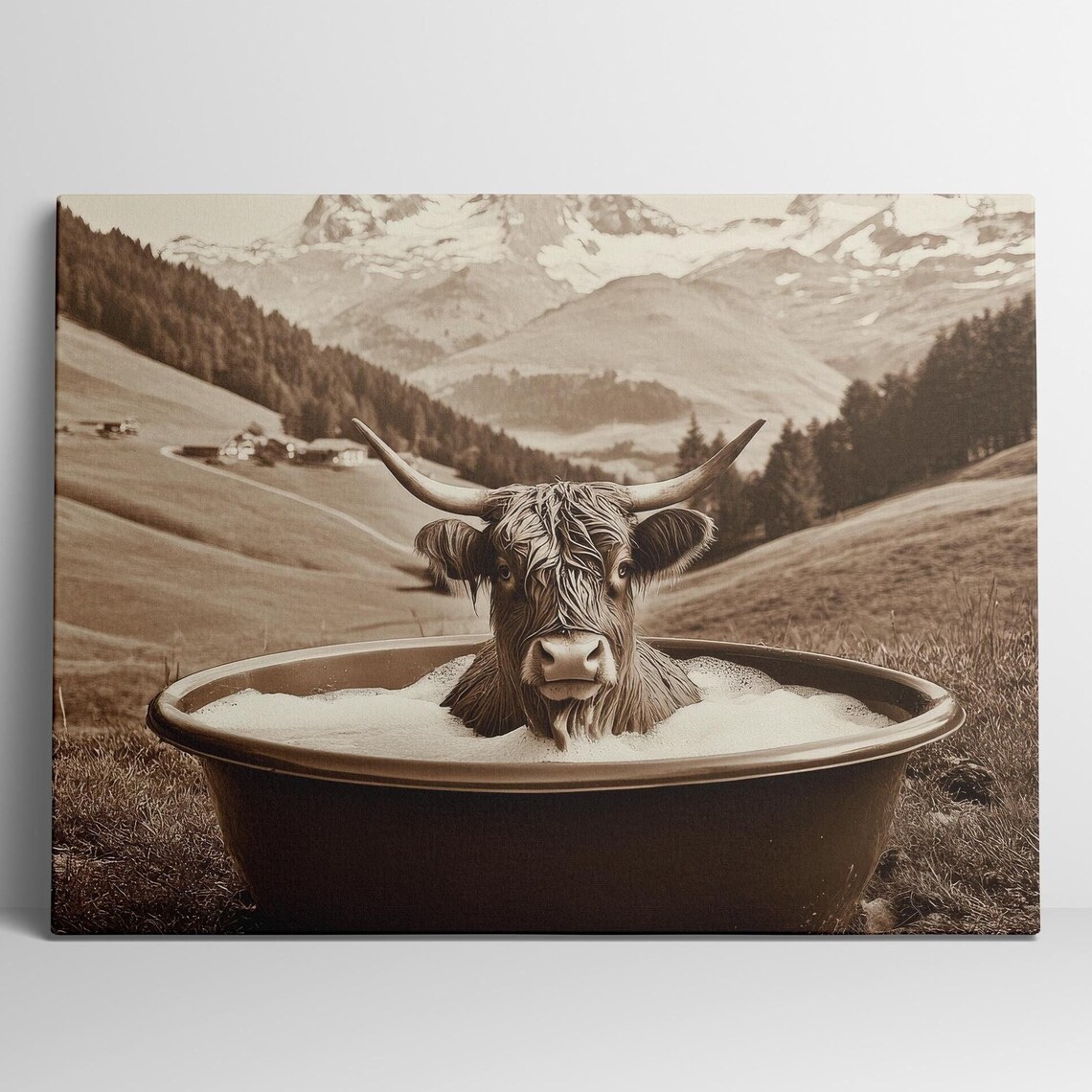 Highland Cow Abstract Sepia, Rustic Cabin Decor