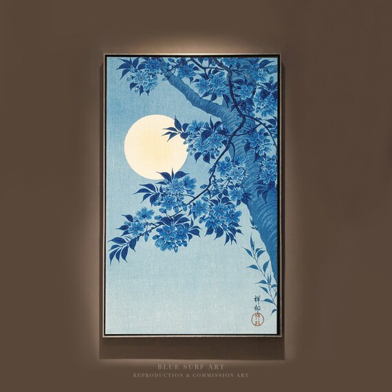 Blossoming Cherry On A Moonlit Night Ohara Koson Reproduction Art Living Room Wall Art 100 Hand Painted Oil On Blue