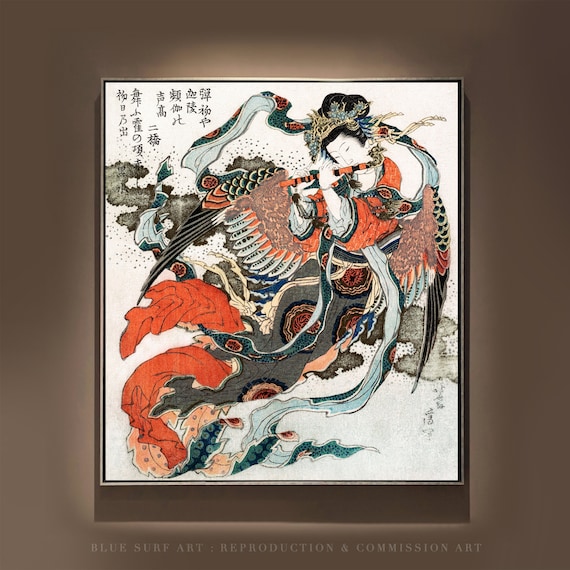 Japanese Woodblock Woman Flutist with Large Bird Ukiyo-e Poster