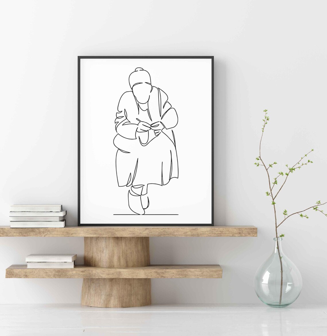 Elderly Woman Knitting Sweet Grandma Cozy Loving Line Art Poster - Image 3