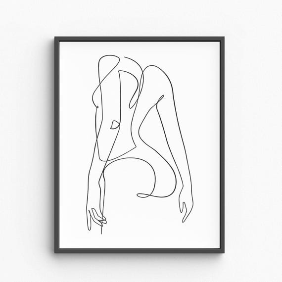 Minimalist Nude Woman Line Art Elegant Female Form Drawing Sensual Feminine Silhouette Black And White Wall Modern Decor