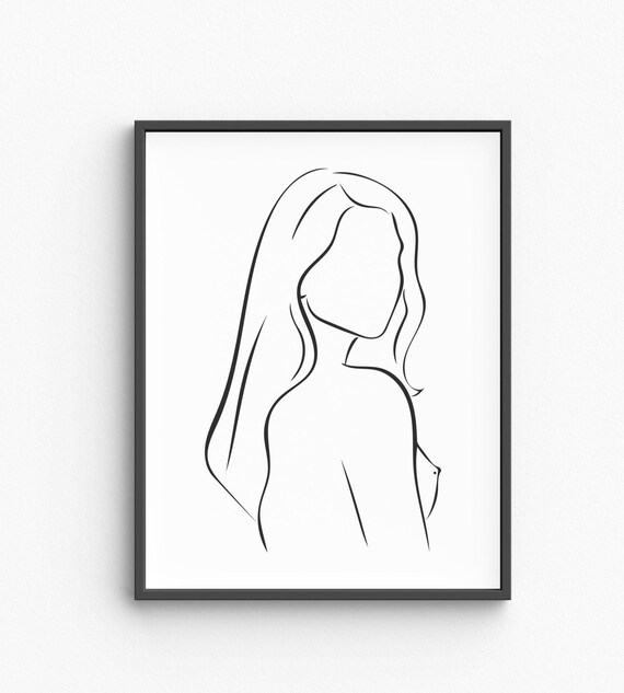 Elegant Minimalist Woman Profile Long Hair Fine Line Art Poster