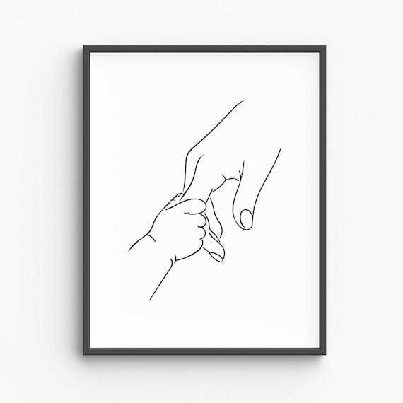 Minimalist Baby And Mom Hands Line Art Motherhood Wall Drawing Tender Family Moment Illustration