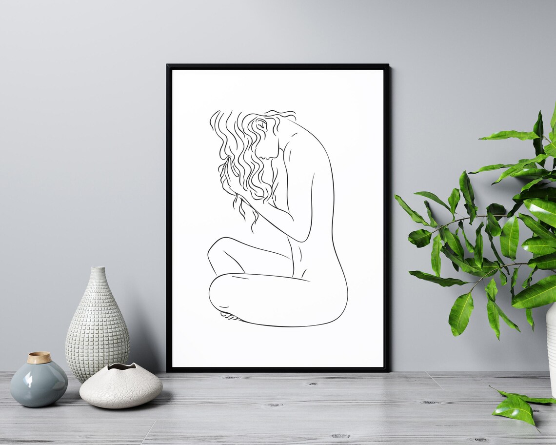 Seated Nude Woman Line Art Long Hair Elegant Female Figure Poster - Image 3