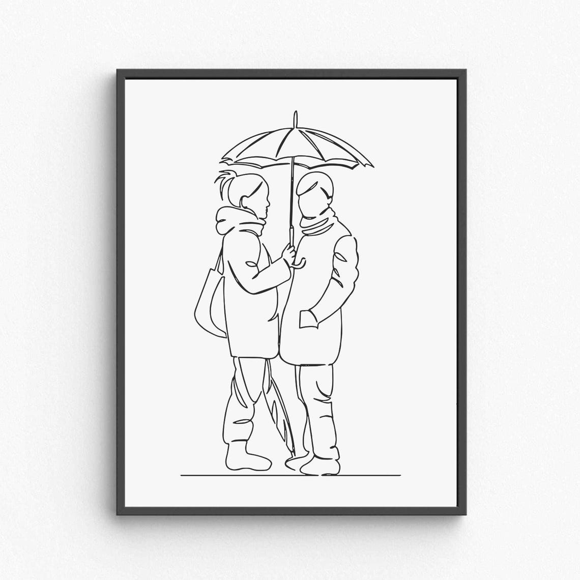 Romantic Couple Under Umbrella Rainy Day Line Art Love Poster
