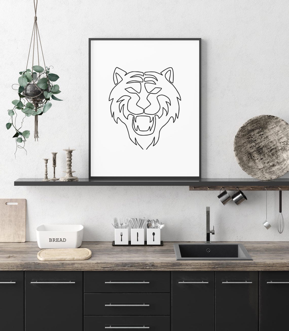Fierce Roaring Tiger Head Black Line Art Drawing Minimalist Poster - Image 3