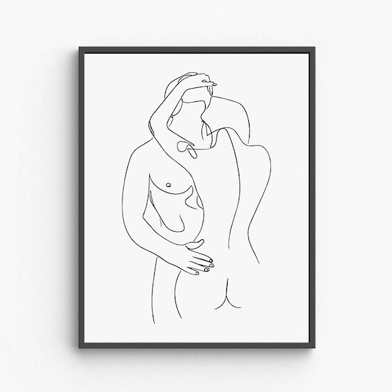 Nude Couple Kissing Line Art Romantic Embrace Sensual Modern Poster