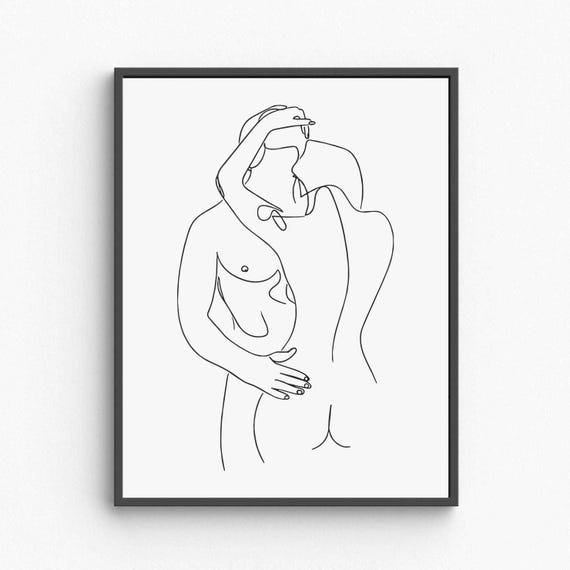 Nude Couple Wall Art Intimate Line Drawing Sensual Embrace Figure Minimalist Bedroom Decor
