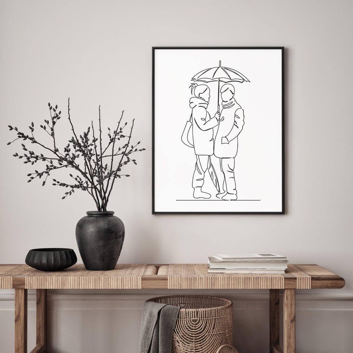 Romantic Couple Under Umbrella Rainy Day Line Art Love Poster - Image 4